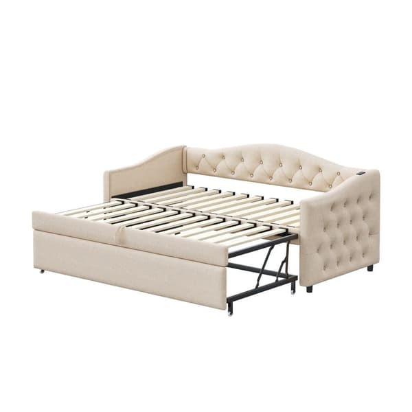 Udtræksseng 90x200 cm og 90x190 cm i linned – med USB-stik og lamelbund – Beige