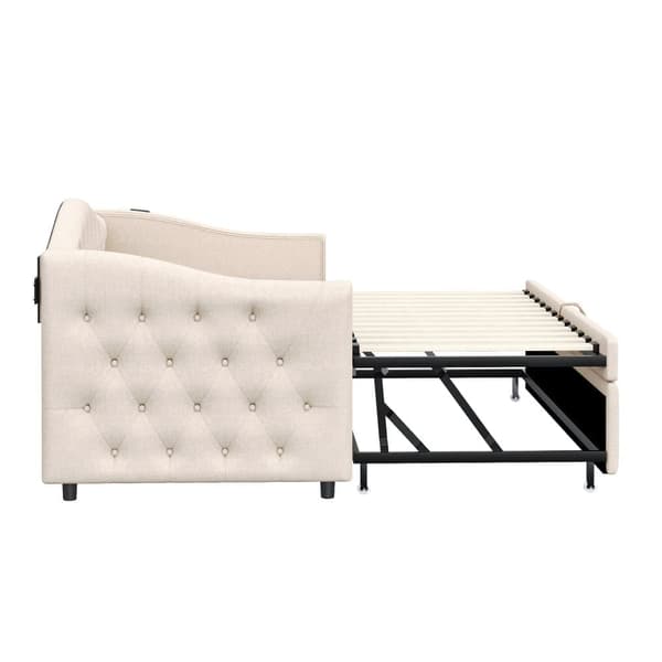 Udtræksseng 90x200 cm og 90x190 cm i linned – med USB-stik og lamelbund – Beige