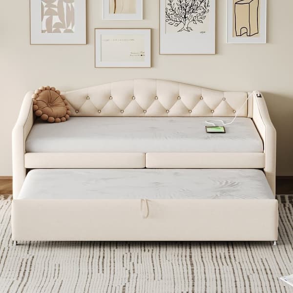 Udtræksseng 90x200 cm og 90x190 cm i linned – med USB-stik og lamelbund – Beige