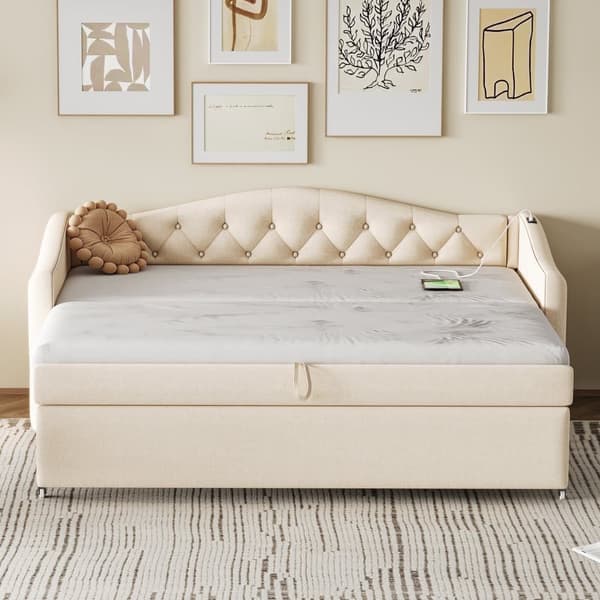 Udtræksseng 90x200 cm og 90x190 cm i linned – med USB-stik og lamelbund – Beige