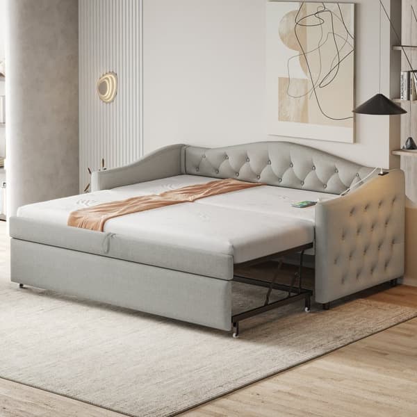 Utdragbar säng 90x200 cm och 90x190 cm i linne – med USB-port och ribbotten – Grå