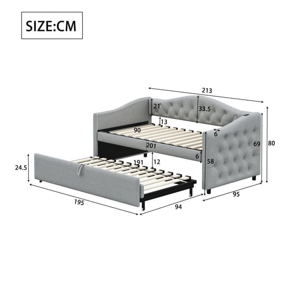 Utdragbar säng 90x200 cm och 90x190 cm i linne – med USB-port och ribbotten – Grå