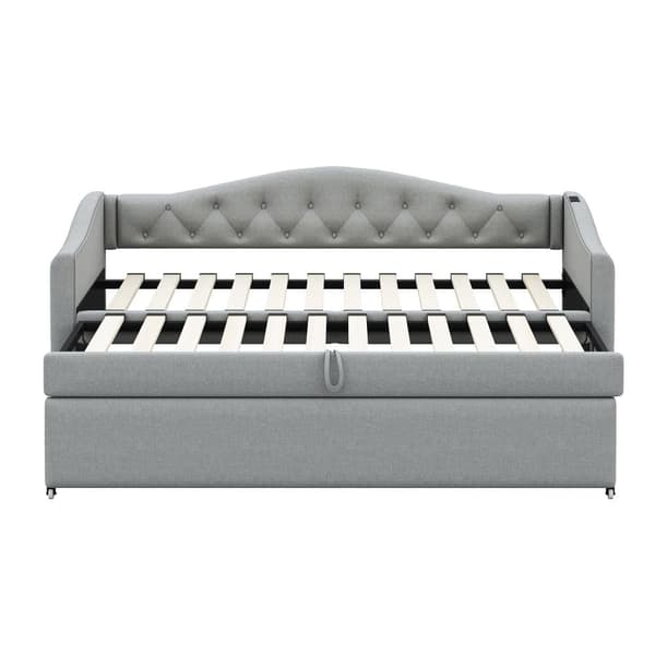 Utdragbar säng 90x200 cm och 90x190 cm i linne – med USB-port och ribbotten – Grå