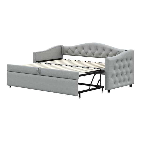 Utdragbar säng 90x200 cm och 90x190 cm i linne – med USB-port och ribbotten – Grå