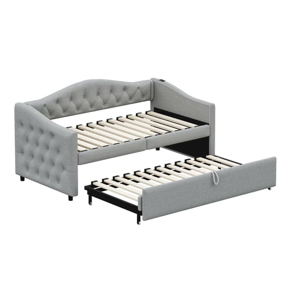 Utdragbar säng 90x200 cm och 90x190 cm i linne – med USB-port och ribbotten – Grå