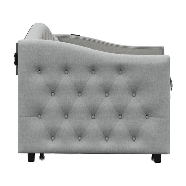 Utdragbar säng 90x200 cm och 90x190 cm i linne – med USB-port och ribbotten – Grå