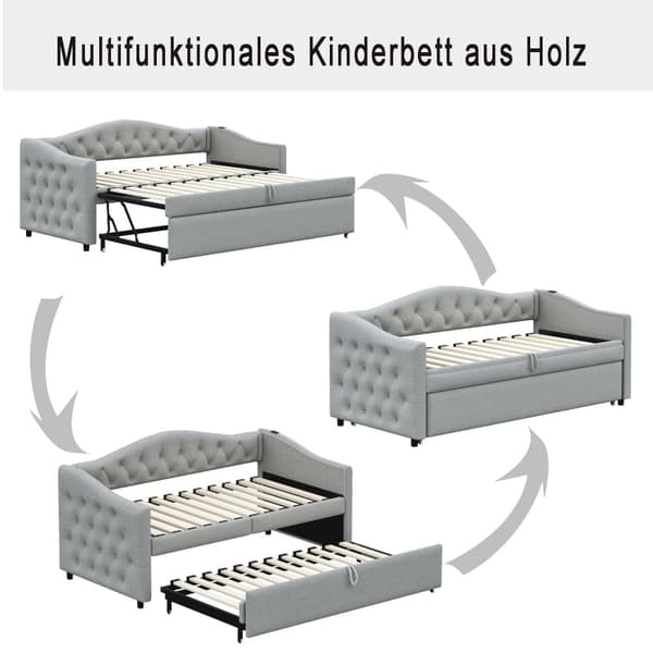 Utdragbar säng 90x200 cm och 90x190 cm i linne – med USB-port och ribbotten – Grå