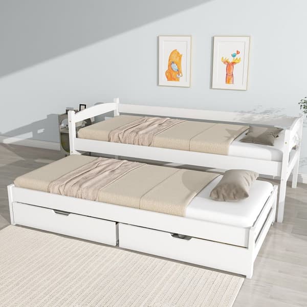 Utdragbar säng med 2 lådor – 200x90 cm och 190x90 cm – Massivt trä – Vit