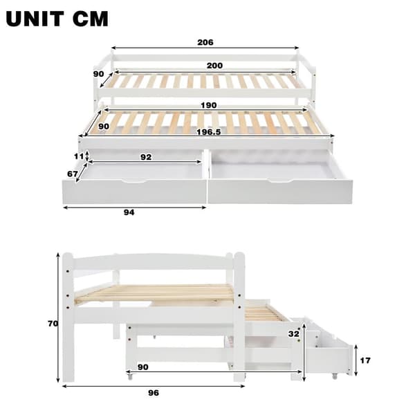 Utdragbar säng med 2 lådor – 200x90 cm och 190x90 cm – Massivt trä – Vit