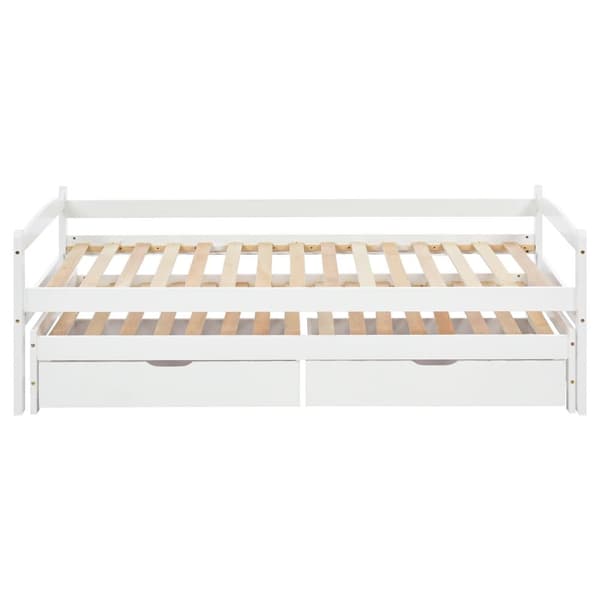 Utdragbar säng med 2 lådor – 200x90 cm och 190x90 cm – Massivt trä – Vit