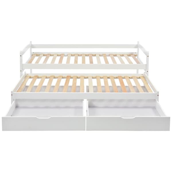 Utdragbar säng med 2 lådor – 200x90 cm och 190x90 cm – Massivt trä – Vit