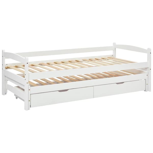 Utdragbar säng med 2 lådor – 200x90 cm och 190x90 cm – Massivt trä – Vit