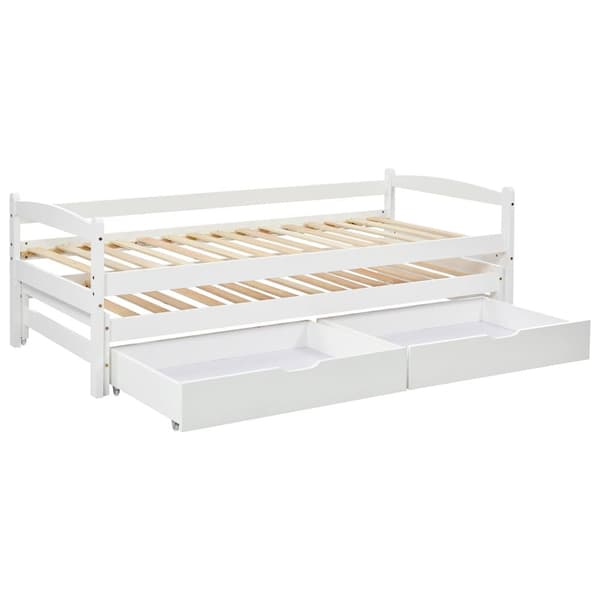 Utdragbar säng med 2 lådor – 200x90 cm och 190x90 cm – Massivt trä – Vit