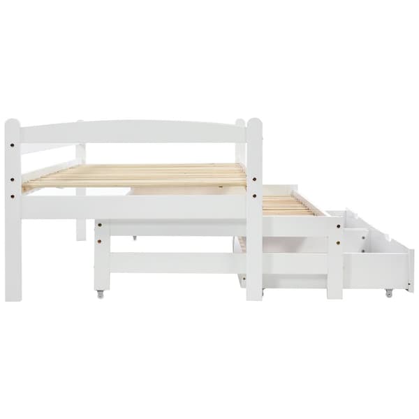 Utdragbar säng med 2 lådor – 200x90 cm och 190x90 cm – Massivt trä – Vit