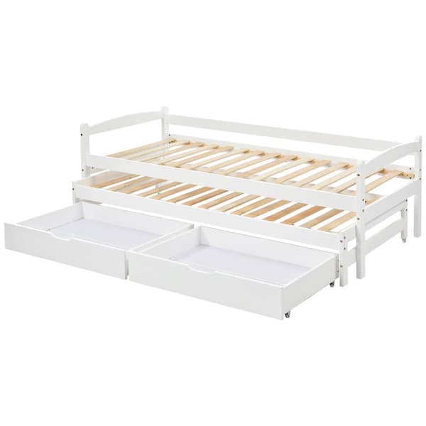 Utdragbar säng med 2 lådor – 200x90 cm och 190x90 cm – Massivt trä – Vit