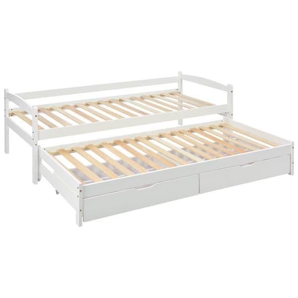 Utdragbar säng med 2 lådor – 200x90 cm och 190x90 cm – Massivt trä – Vit