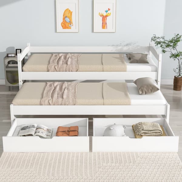 Utdragbar säng med 2 lådor – 200x90 cm och 190x90 cm – Massivt trä – Vit