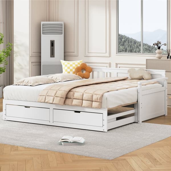 Utdragbar säng 90/180x190 cm i massivt trä – 2 lådor med hjul – Vit