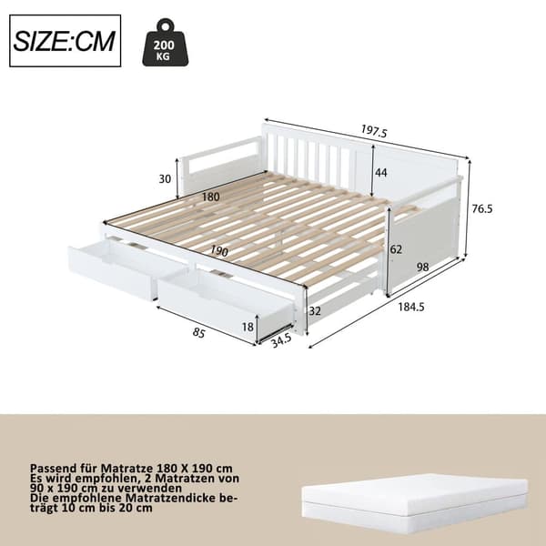 Utdragbar säng 90/180x190 cm i massivt trä – 2 lådor med hjul – Vit