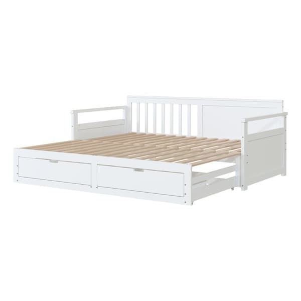 Utdragbar säng 90/180x190 cm i massivt trä – 2 lådor med hjul – Vit