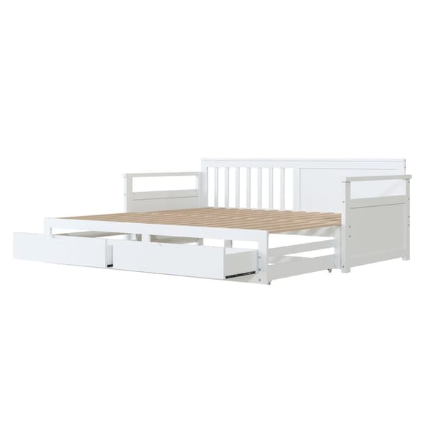 Utdragbar säng 90/180x190 cm i massivt trä – 2 lådor med hjul – Vit