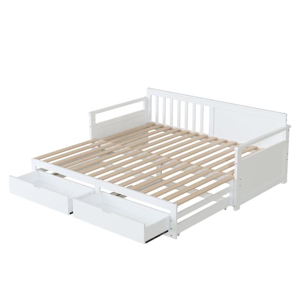 Utdragbar säng 90/180x190 cm i massivt trä – 2 lådor med hjul – Vit