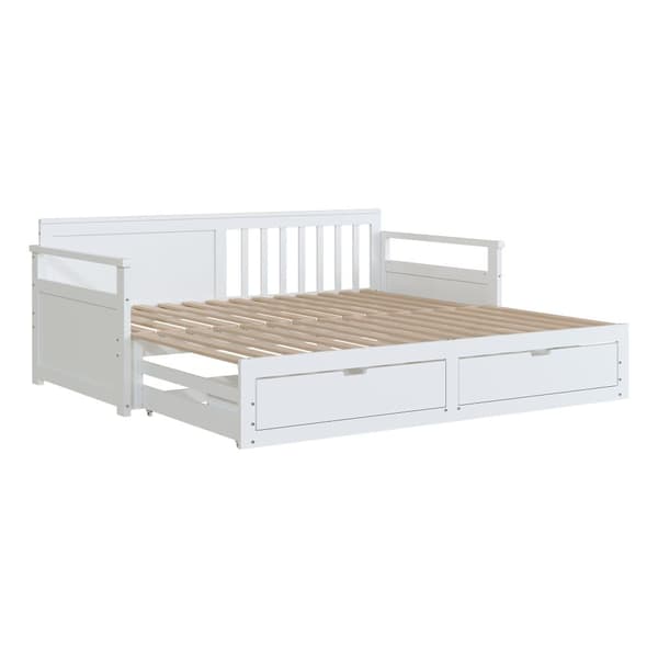 Utdragbar säng 90/180x190 cm i massivt trä – 2 lådor med hjul – Vit