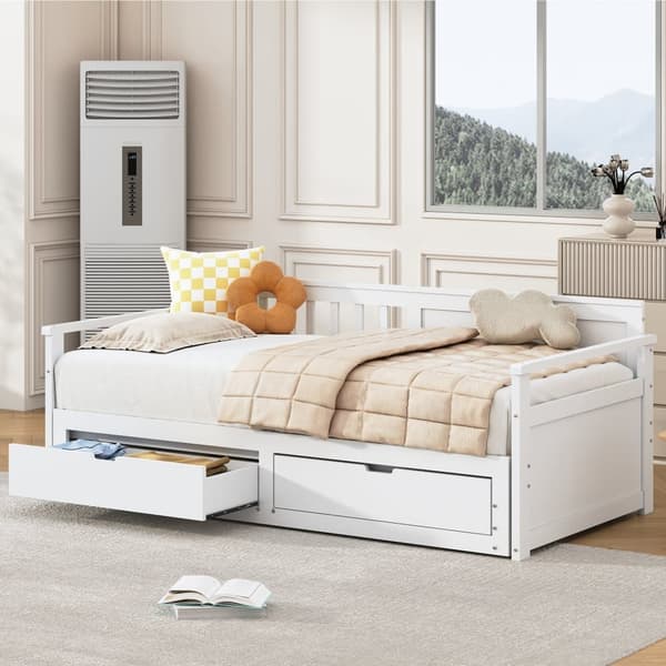 Utdragbar säng 90/180x190 cm i massivt trä – 2 lådor med hjul – Vit