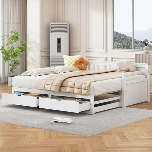 Utdragbar säng 90/180x190 cm i massivt trä – 2 lådor med hjul – Vit