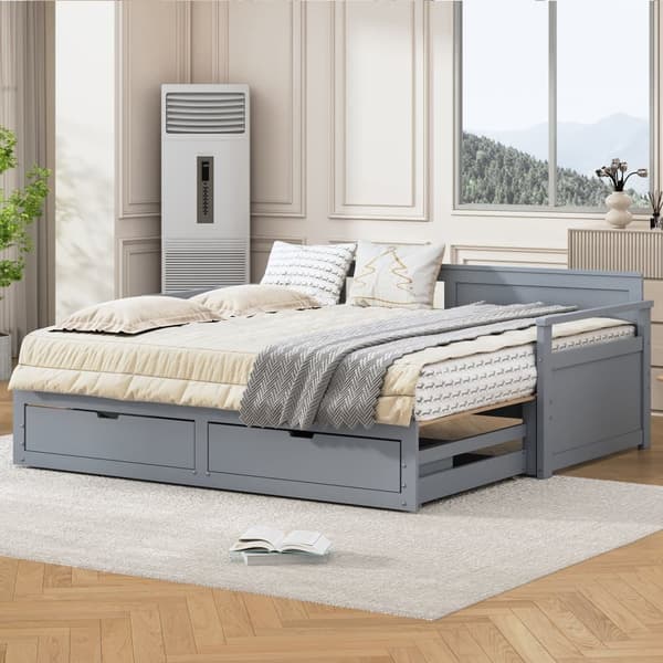 Ulosvedettävä sänky 90/180x190 cm massiivipuuta – 2 laatikkoa pyörillä – Harmaa
