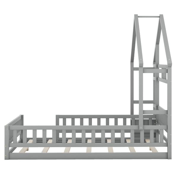 Børneseng 140x200 cm med natbord og sikkerhedsgelænder – Lamelramme – Grå