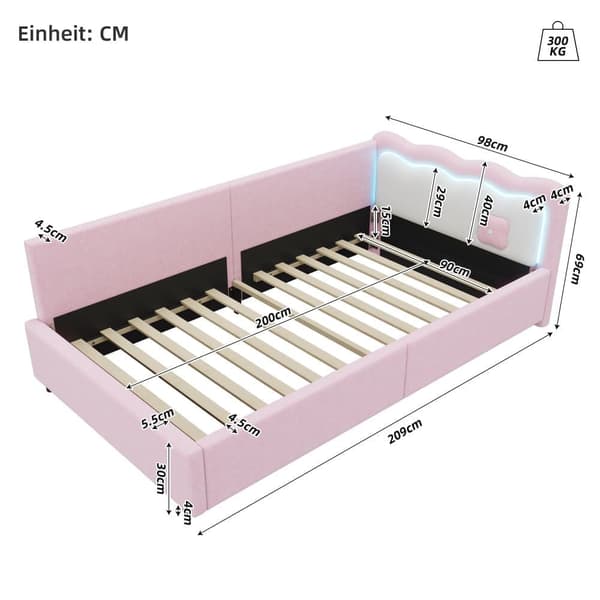 Sovesofa 90x200 cm med LED-belysning og lamelramme – Pink