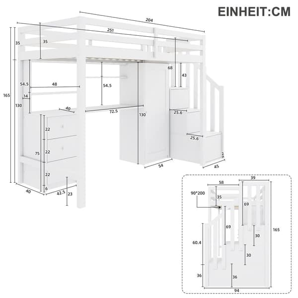 Loftsäng 90x200 cm i trä – med skrivbord, garderob och förvaringstrappa – Vit
