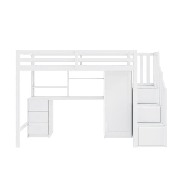 Loftsäng 90x200 cm i trä – med skrivbord, garderob och förvaringstrappa – Vit