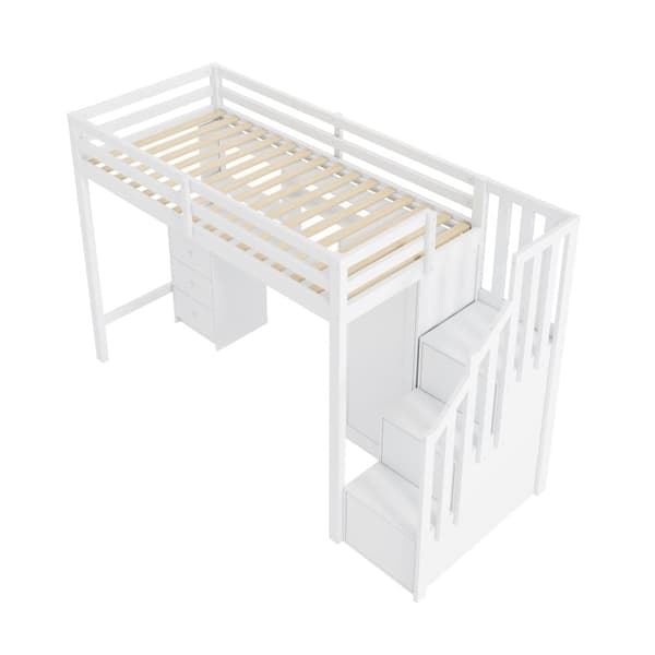 Loftsäng 90x200 cm i trä – med skrivbord, garderob och förvaringstrappa – Vit