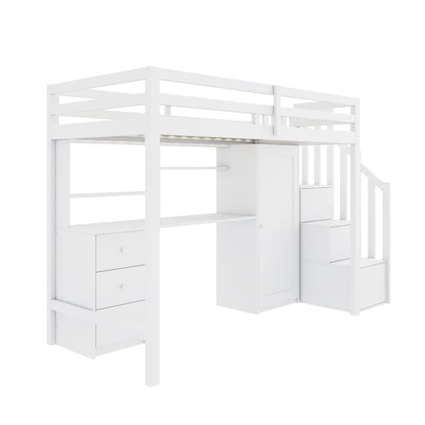 Loftsäng 90x200 cm i trä – med skrivbord, garderob och förvaringstrappa – Vit