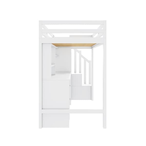 Loftsäng 90x200 cm i trä – med skrivbord, garderob och förvaringstrappa – Vit