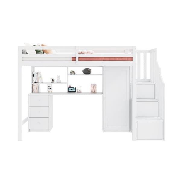 Loftsäng 90x200 cm i trä – med skrivbord, garderob och förvaringstrappa – Vit