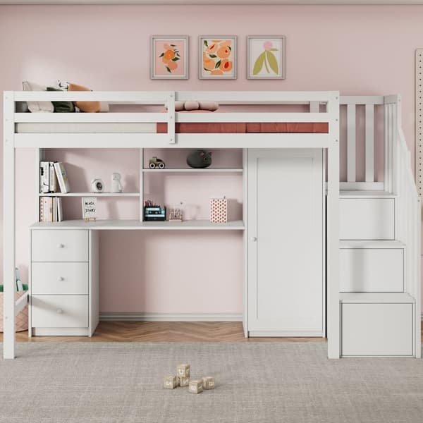 Loftsäng 90x200 cm i trä – med skrivbord, garderob och förvaringstrappa – Vit