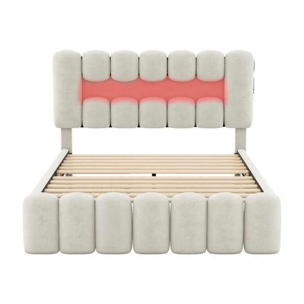Fløjlsseng - 160x200 cm - 4 skuffer + LED + USB-porte + læselampe - beige