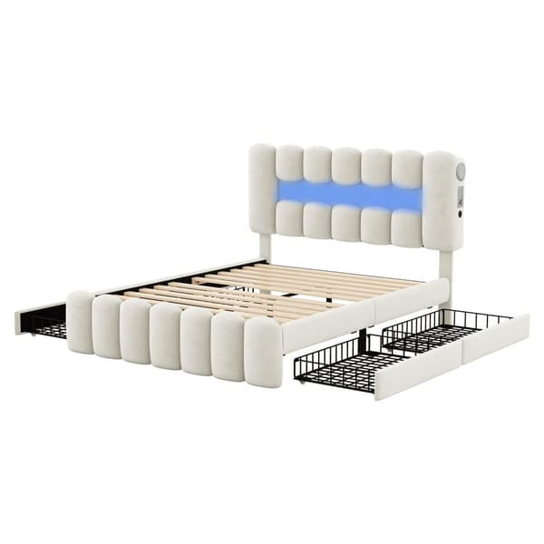 Fløjlsseng - 160x200 cm - 4 skuffer + LED + USB-porte + læselampe - beige