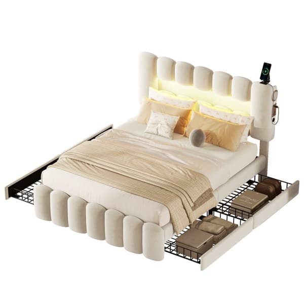 Fløjlsseng - 160x200 cm - 4 skuffer + LED + USB-porte + læselampe - beige