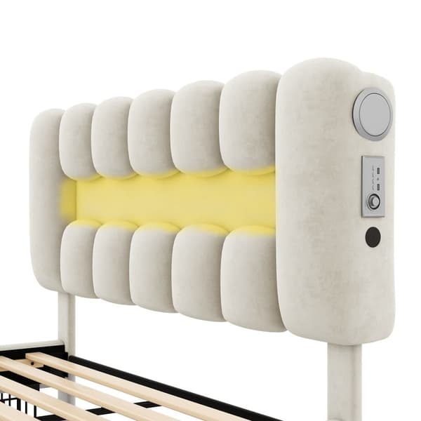 Fløjlsseng - 160x200 cm - 4 skuffer + LED + USB-porte + læselampe - beige
