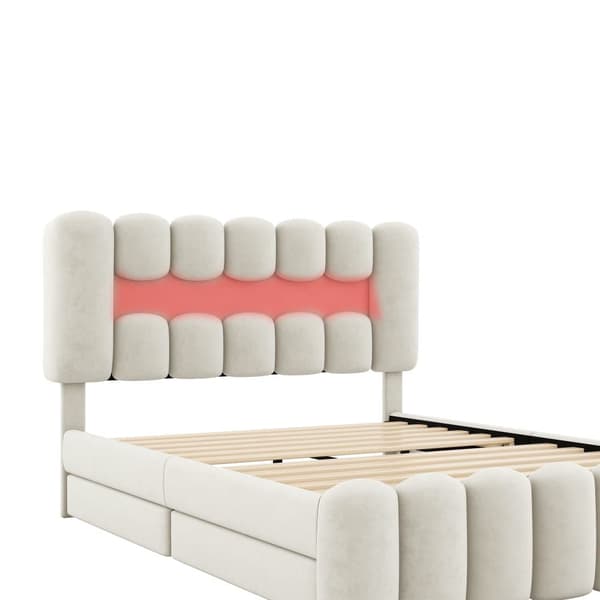 Fløjlsseng - 160x200 cm - 4 skuffer + LED + USB-porte + læselampe - beige