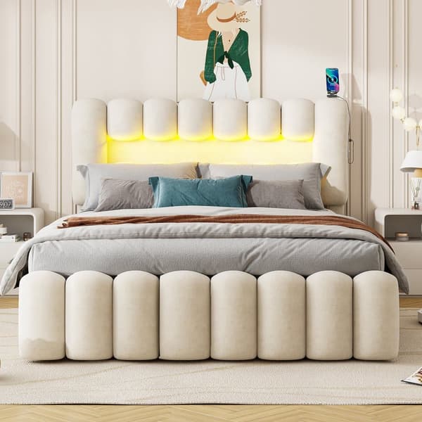 Fløjlsseng - 160x200 cm - 4 skuffer + LED + USB-porte + læselampe - beige