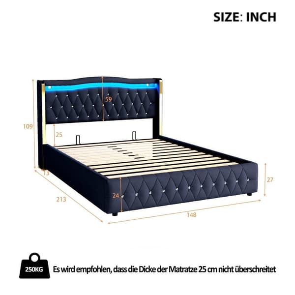 Sänky säilytystilalla 140x200 cm LED-valaistuksella – samettikangas – musta