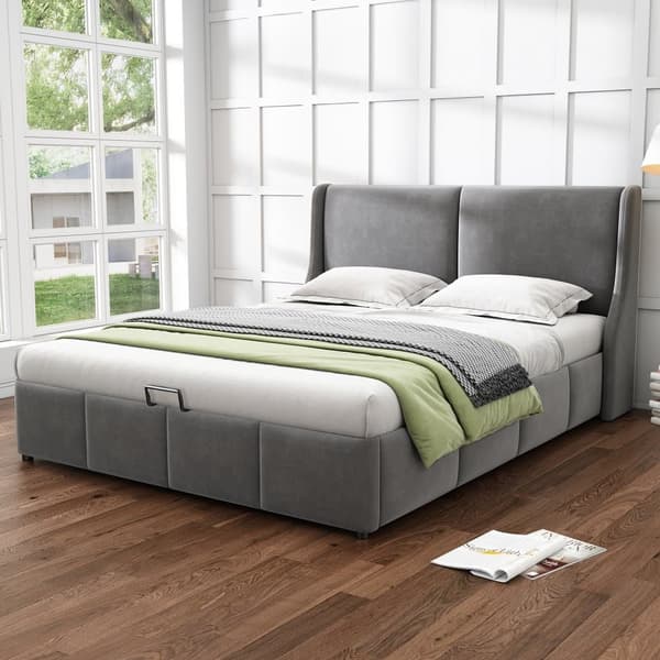 Seng med opbevaringsplads 140x190 cm i fløjl – med lamelbund – grå