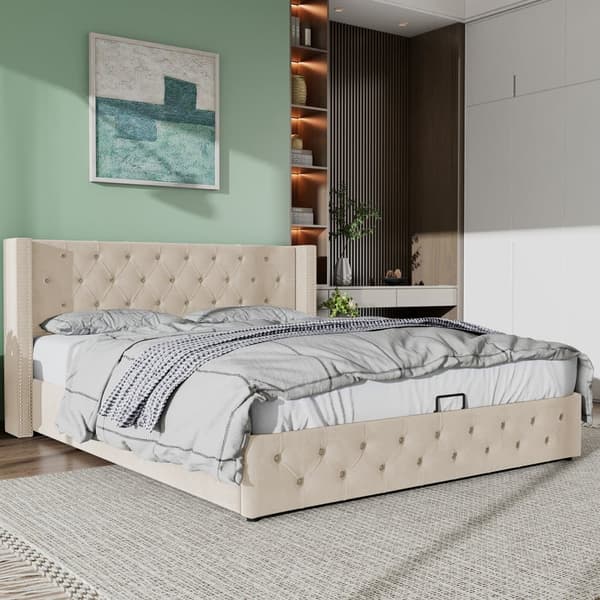 Seng med opbevaringsplads 140x190 cm i fløjl – med lamelbund – beige