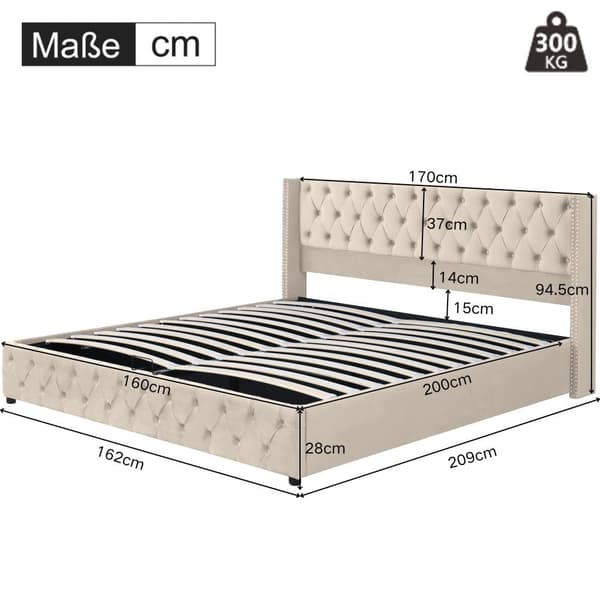 Seng med opbevaringsplads 160x200 cm i fløjl – med lamelbund – beige