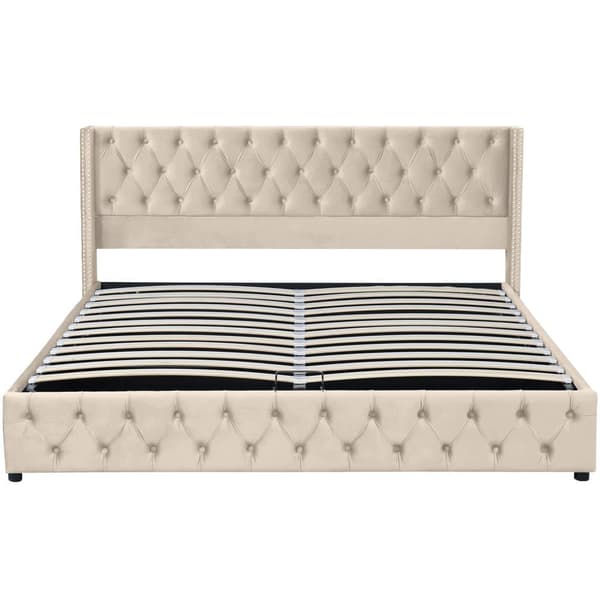 Seng med opbevaringsplads 160x200 cm i fløjl – med lamelbund – beige